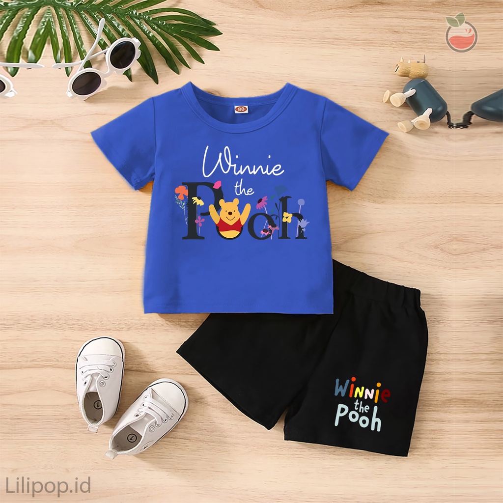 Baju Anak Stelan Kaos 3/4  POOH CUTE Cowok Cewek  Usia 1 - 4 Tahun Celana Pendek Harian