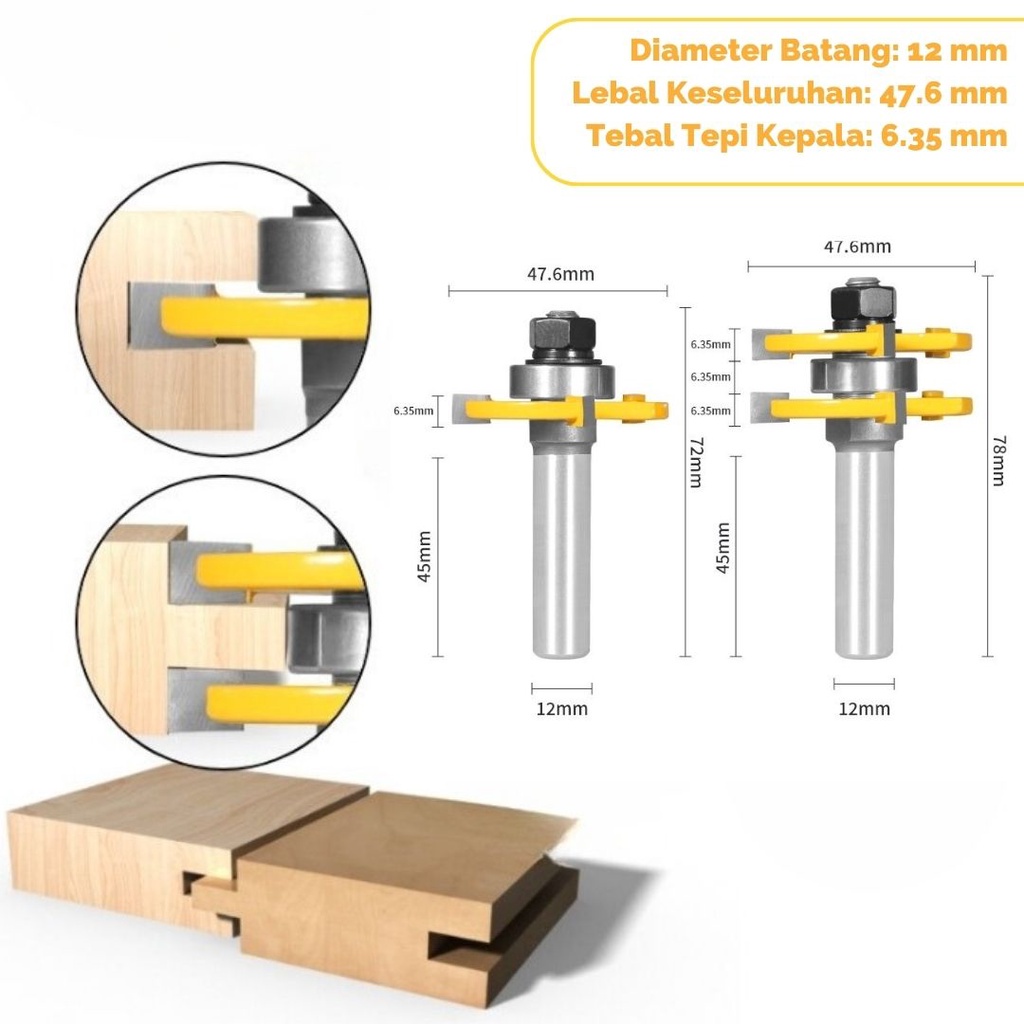 Mata Profil Kayu Tongue and Groove Shank Milling Cutter 12 mm 2PCS - YTG - Yellow