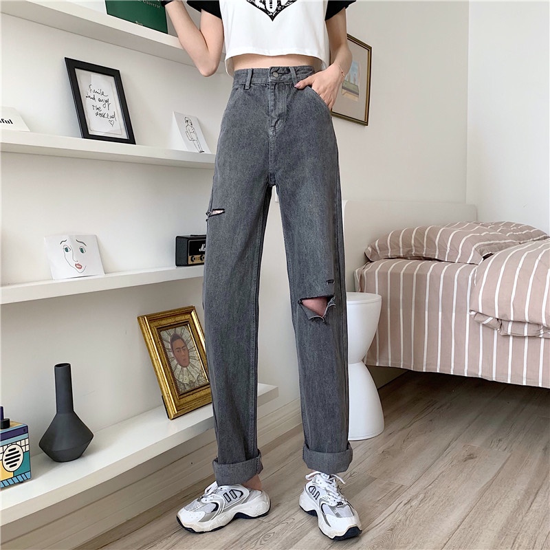 Abu abu Highwaist Robek Straight Celana Panjang Jeans Wanita