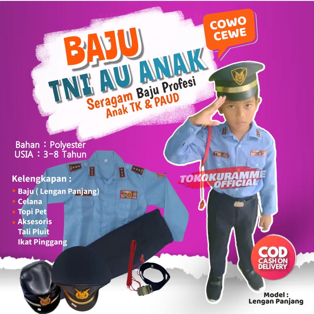 Baju TNI AU Anak Laki Laki Perempuan Seragam Profesi Anak TK Usia 3 Sampai 8 Tahun Model Lengan Panj