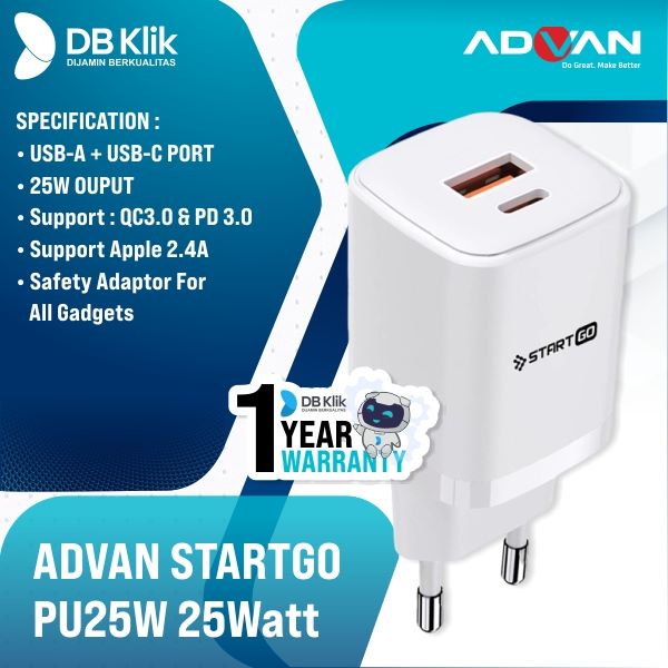 Kepala Charger ADVAN STARTGO PU25W 25Watt 3A QC3 PD3.0 USB A + USB C