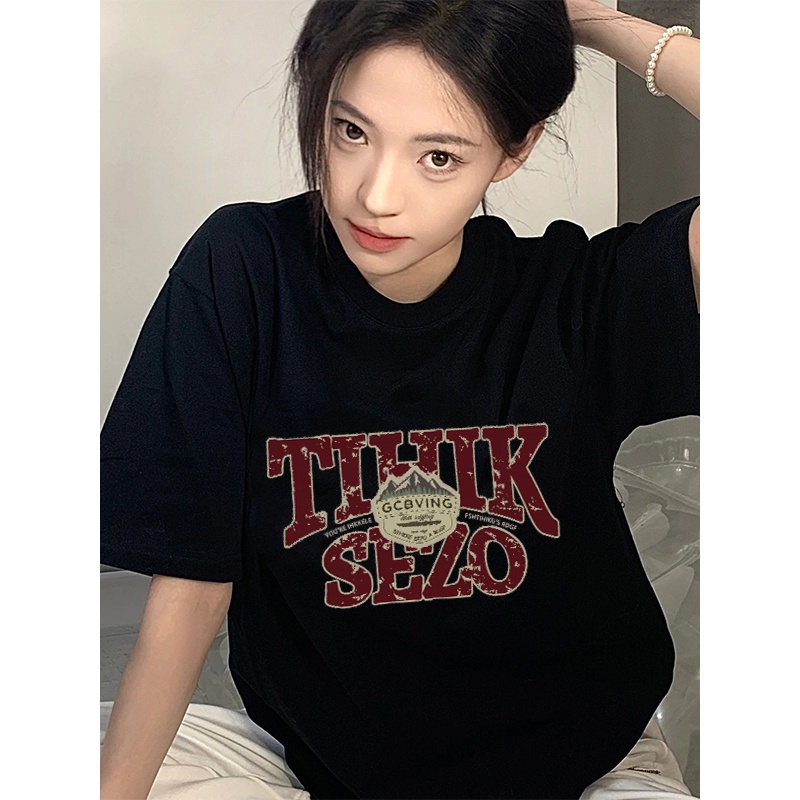 American Retro Lengan Pendek Motif T-shirt Import Oversize Letter Rap Hip hop Printed Baju Atasan Wanita