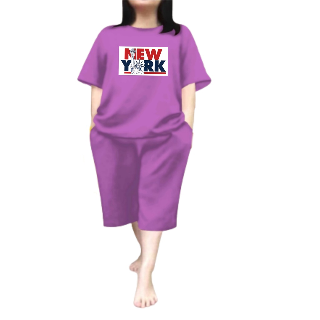 Baju Setelan Wanita Dewasa Jumbo Ld 115 Cm One Set Wanita Kaos dan Celana Pendek Oversize 3/4 Baju Setelan Cewek Dewasa Terbaru 2023 Kekinian Stelan Wanita  Dewasa Viral Set new york