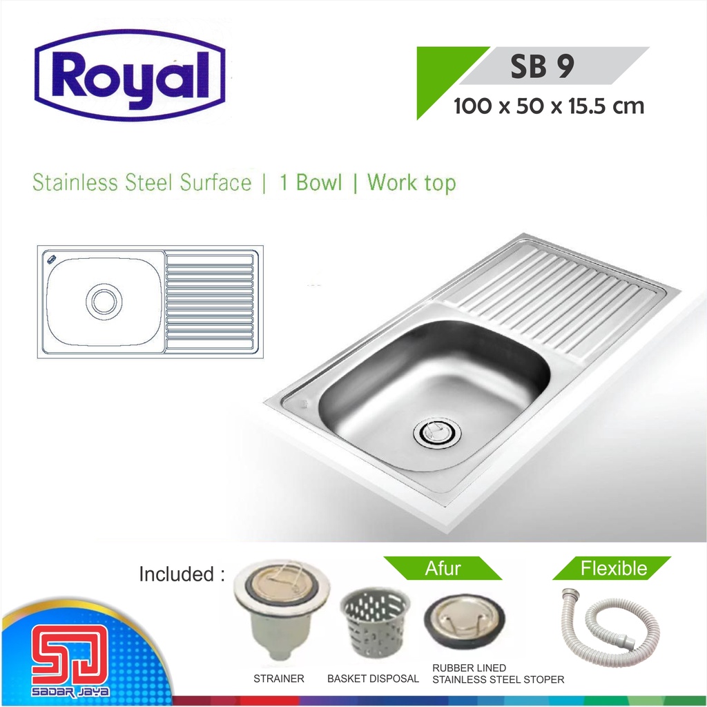 Royal Kitchen Sink SB 9 Wastafel Dapur Bak Cuci Piring 1 Bowl Sayap Pengering Stainless Steel SB9