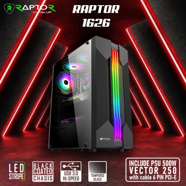 Power Up Casing Raptor 1626 Mid Tower With Led Strip RGB PSU 500w Tempered Glass