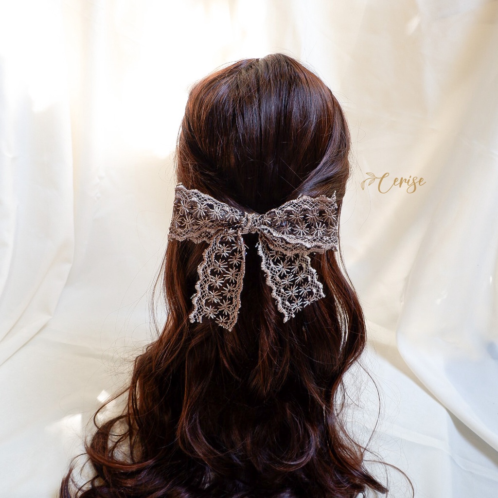 Emiko Hairpin | Jepit rambut pita lace korea hitam, coklat, cream untuk anak dan wanita dewasa cantik manis