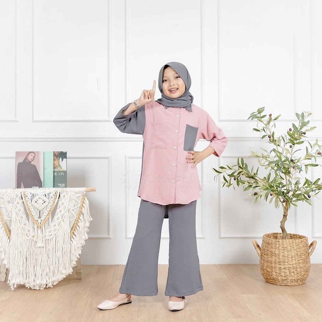 Setelan Anak Perempuan 10-12 Tahun Alexa Set Sage Olive Plus Hijab Baju Setelan Anak Celana Panjang Keika Oribelle One Set Crinkle