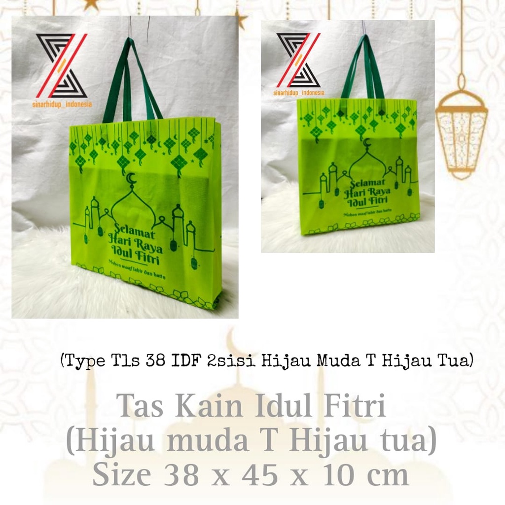 

Goodie Bag Idul Fitri Lebaran 38 x 45 x 10 (2 sisi) Spunbond Tote Bag Press Tali Souvenir Weding Hajatan Perlusin ( 12 Pcs )