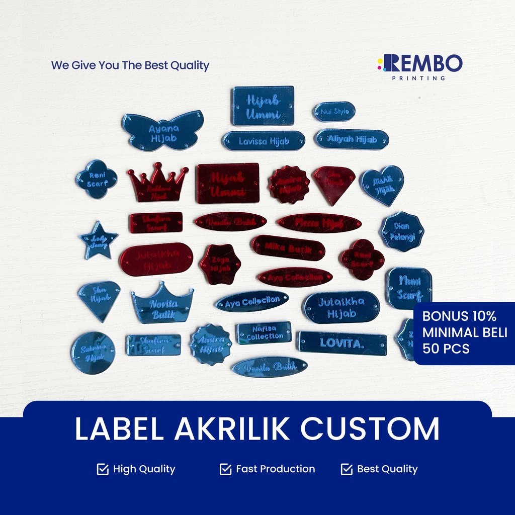 Label Akrilik Rebranding Hijab Custom / Baju / Gamis / Label Baju Acrylic / Label Jilbab Warna Merah Biru