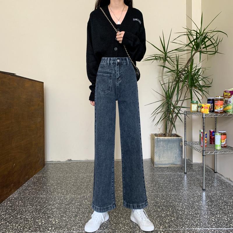 EUNII Celana Jeans Wanita Retro Hitam High Waist Straight Pants Korean Style