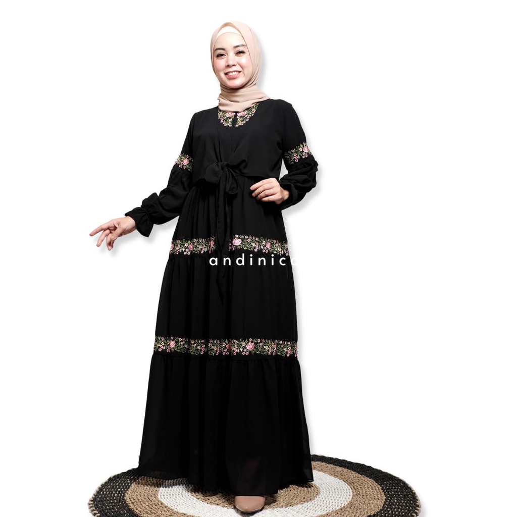 Andinicollection Gamis Polos Ceruty HD 05 Bordir Warna Hitam Putih Muslim Dewasa Kondangan