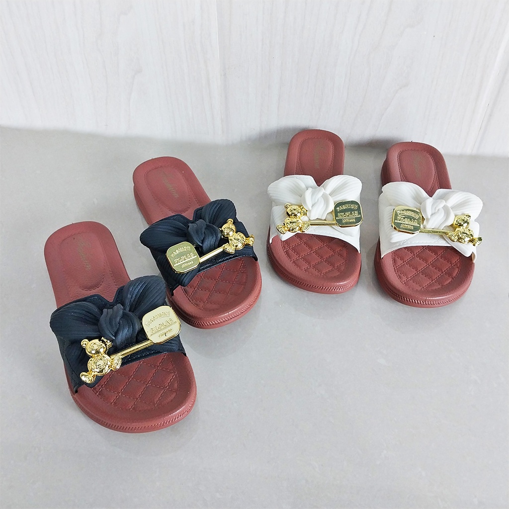 CYS Sandal Jelly Wedges Wanita Cewek Kekinian Motif Pita Pin Beruang Terbaru Sendal Slip on Karet PVC Anti licin Kualitas Bagus Korea Fashion Style SPT-55