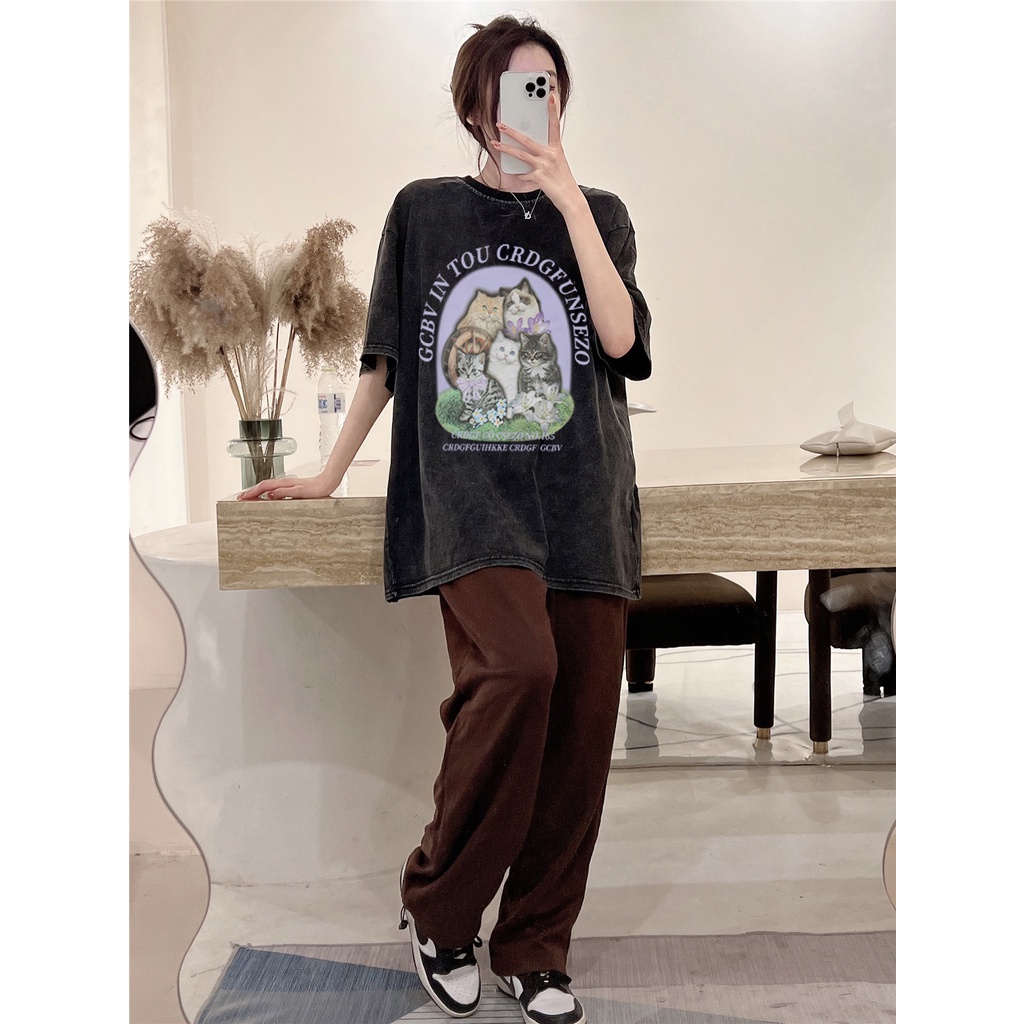 EUNII T-shirt Lengan Pendek Black Washed Retro Cartoon Cats Printing Korean Style/Kaos Atasan Wanita/Baju Wanita