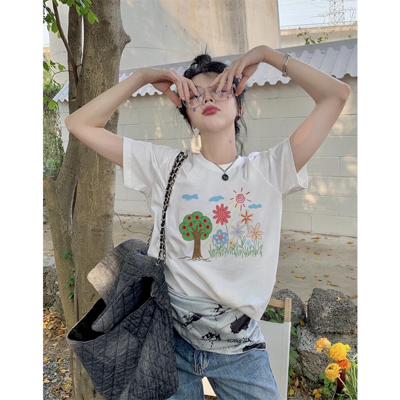 EUNII T-shirt Lengan Pendek Cartoon Landscape Korean Style/Kaos Atasan Wanita/Baju Kaus Oversize Wanita/Kaos Wanita