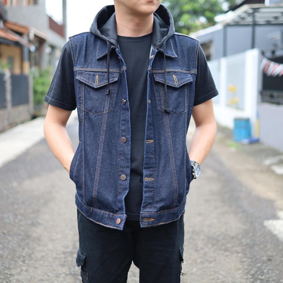 STOK TERBATAS Rompi Jeans Pria / Rompi Jeans Hoodie / Rompi Denim Cowo Best Seller