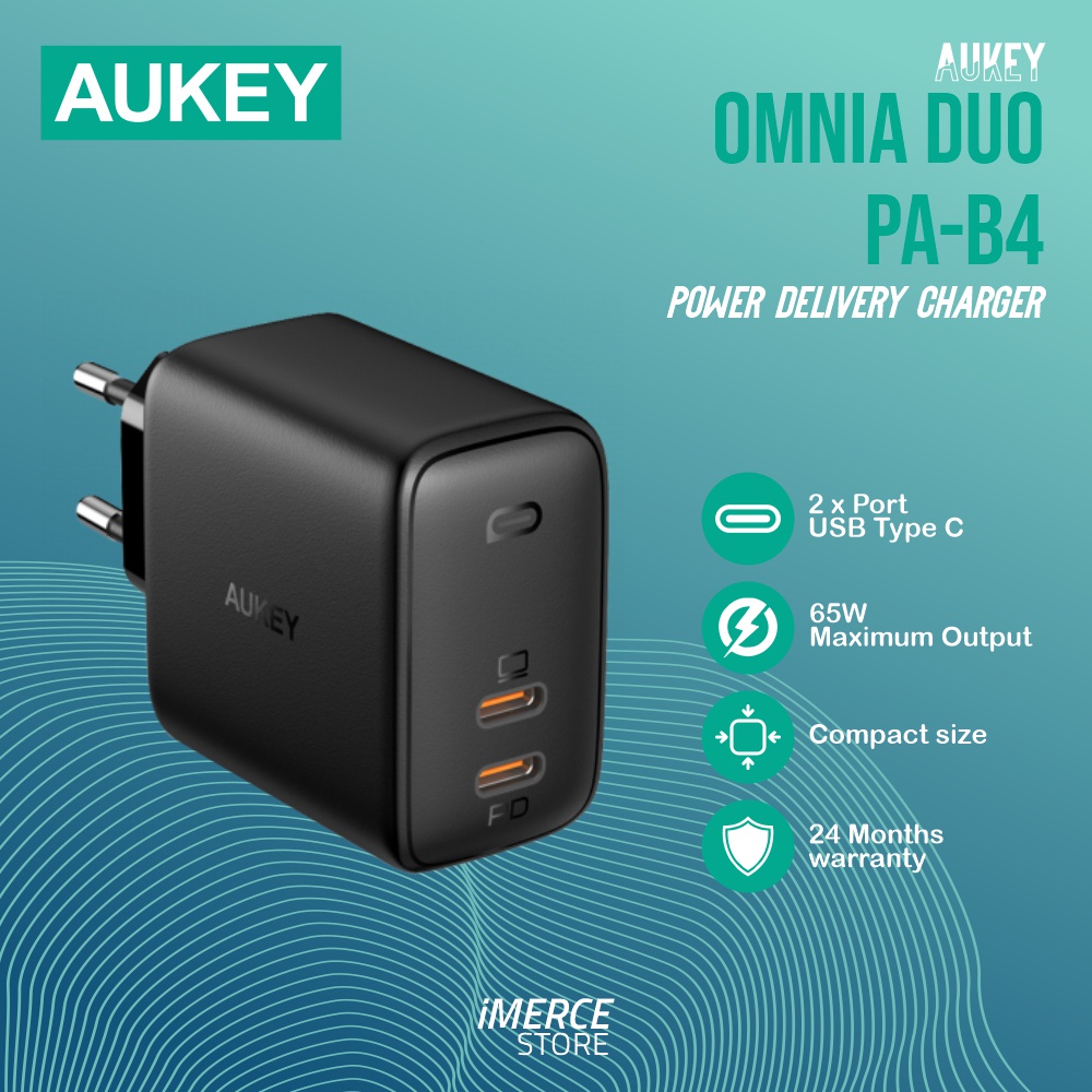 AUKEY Head Charger Dual USB Type C PD 65W Omnia Duo 2 Port USB-C Power Delivery Macbook iPhone Android Laptop Compatible Travel Adapter PA-B4 ORIGINAL