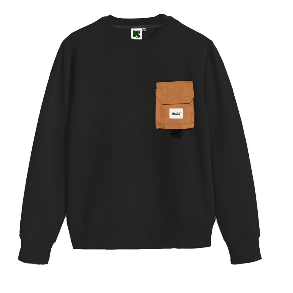 HARGA BERSAHABAT Russ Sweater Crewneck Pria Pouch Break Black ( Up To Big Size )