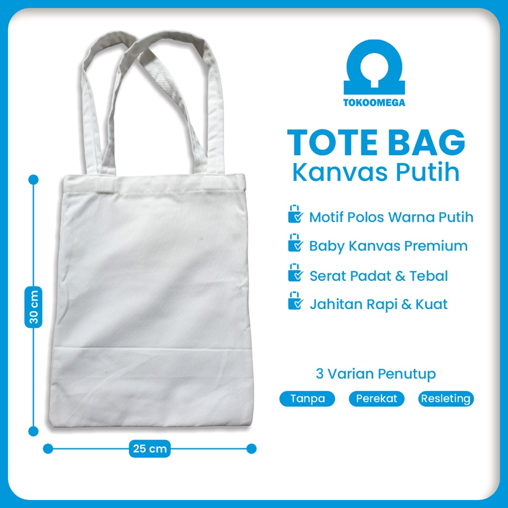 Totebag Polos Kanvas Putih Ukuran 25 x 30 Cm Tas Tote Godie Goodie Bag Goodiebag Jinjing Tenteng Resleting Untuk Sekolah Kuliah Pria Wanita