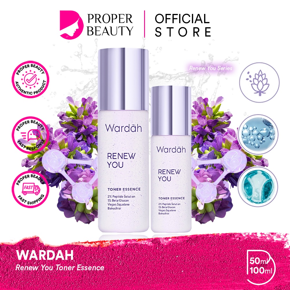 WARDAH Renew You Toner Essence Indonesia / Pelembab Wajah 50ml 100ml / 2% Peptide Solution 1% Beta Glucan Vegan Squalane Bakuchiol / Deeply Hydrate Improve Skin Texture Replump Skin / Skincare Face Care / Menyegarkan Muka / Re New Series / Anti Aging Dini