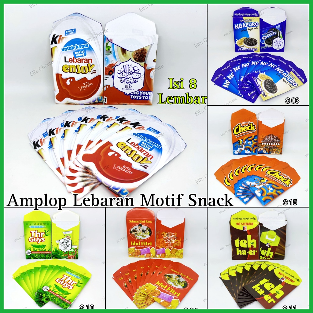 

AMPLOP / ANGPAO LEBARAN MOTIF SNACK UNIK LUCU HARI RAYA IDUL FITRI RAMADHAN 2023 MOTIF SNACK ISI 8