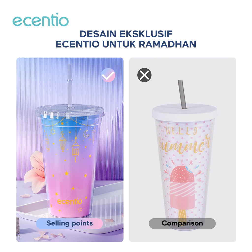 ecentio &amp; FOODI tumbler minum sedotan 450ml hampers Serendipity seri Ramadhan ONLY/botol minum kopi/perubahan warna