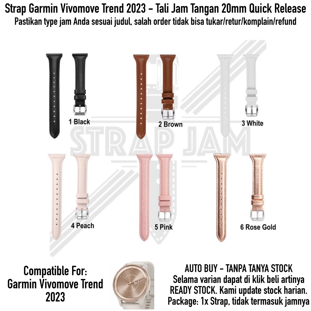 SLW Tali Jam Tangan Garmin Vivomove Trend 2023 - Strap 20mm Kulit Leather Wanita