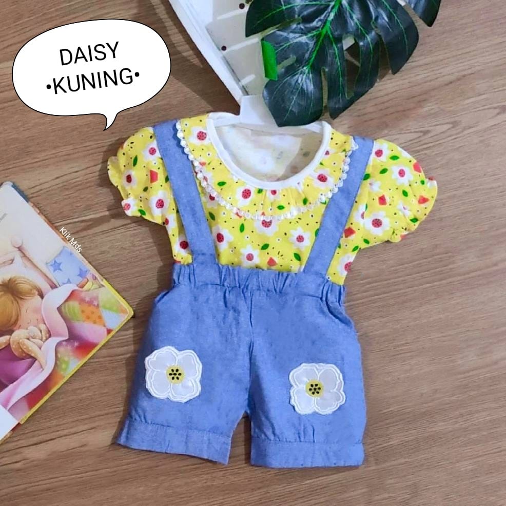 Overall Baju Anak Perempuan / Baju Kodok Bayi Cewek Bahan Kaos Motif Daisy Bunga Estimasi Usia 0-9 Bulan