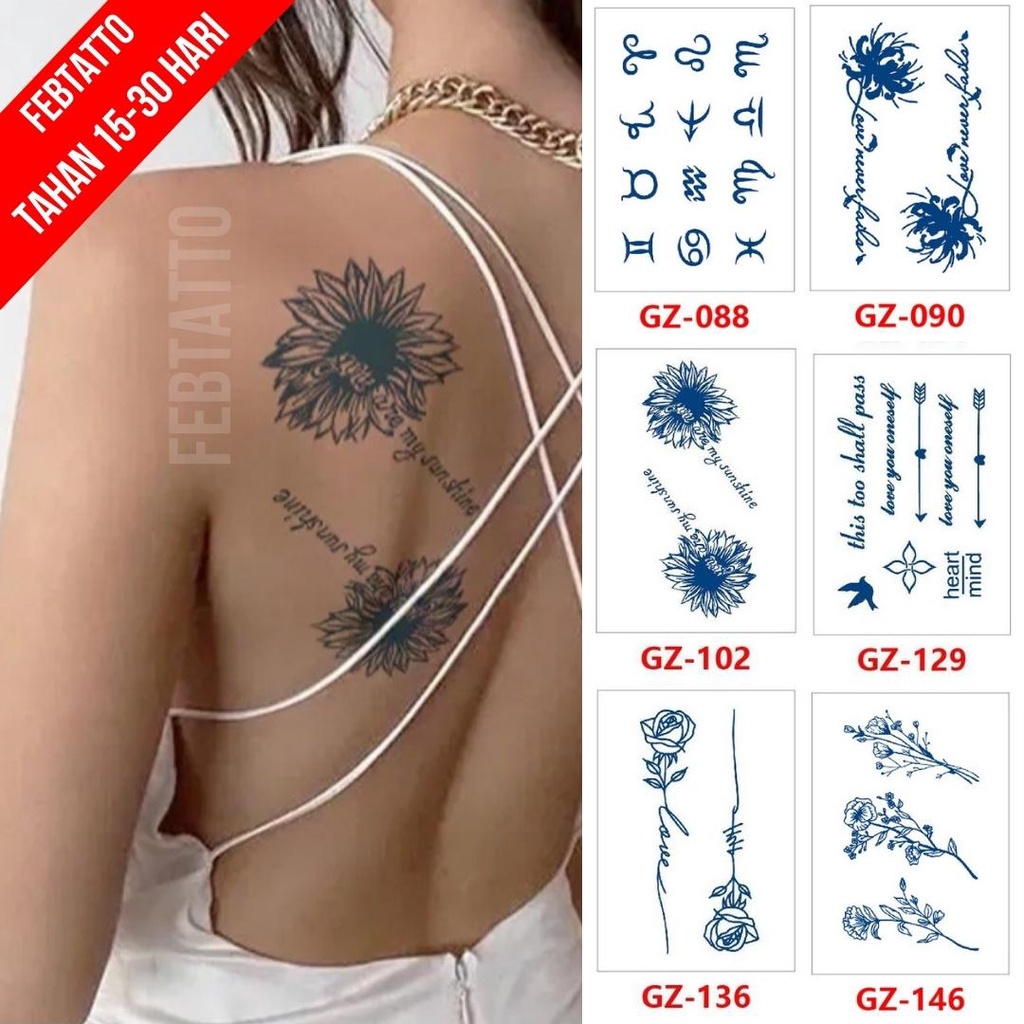 Tato Temporer Ukuran 18cm x 11cm Motif GZ 102 Tulisan Bunga Matahari Tato Lengan Tato Dada Tato Tang