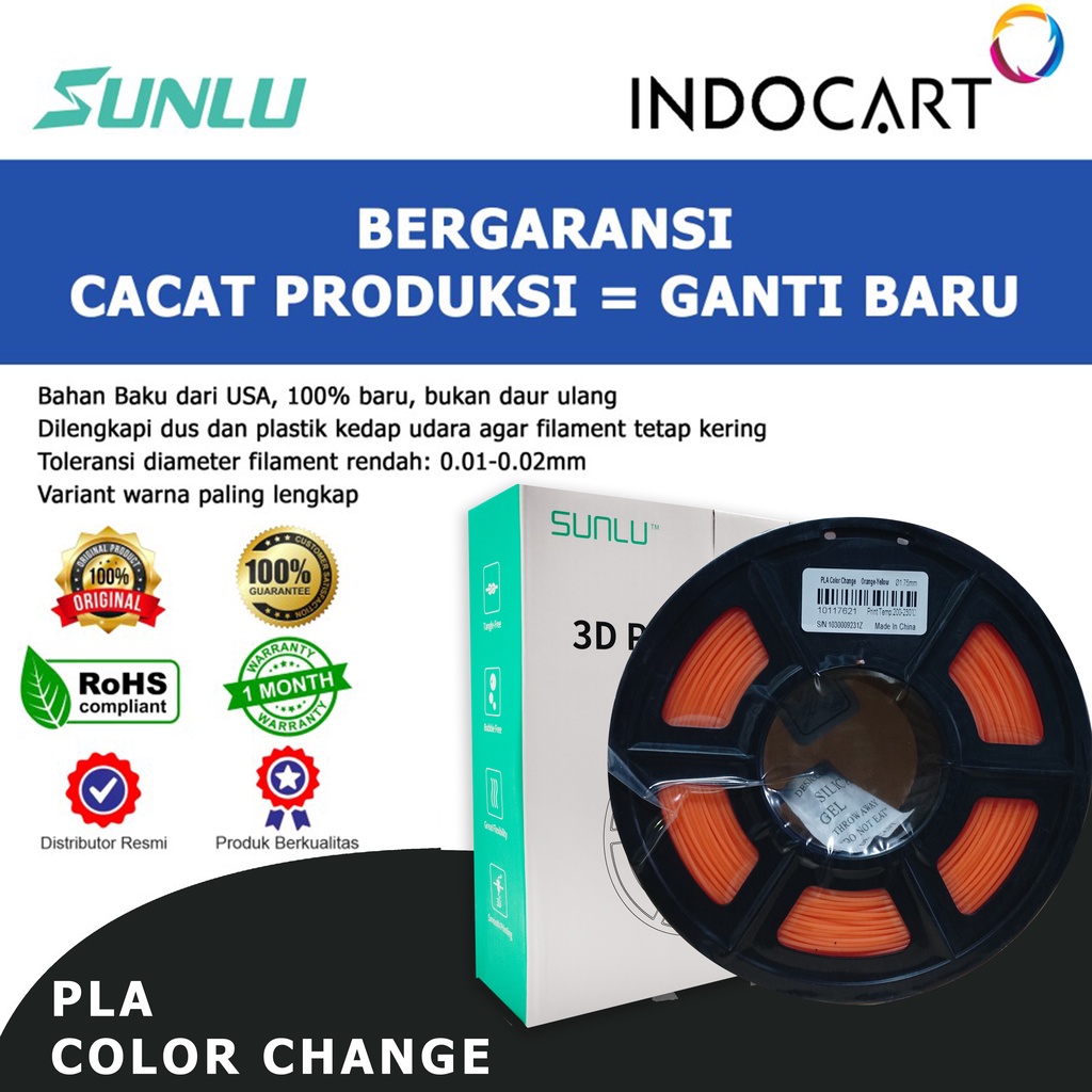 INDOCART Tinta Filamen 3D Printer Filament SUNLU PLA Color Change 1kg