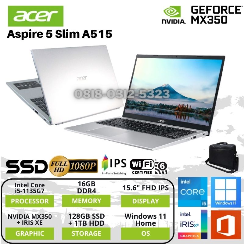 Laptop Acer Gaming A515 Intel Core I5-1135G7 Ram 16gb 128gb SSD + HDD 1tb VGA Nvidia Geforce Mx350 -