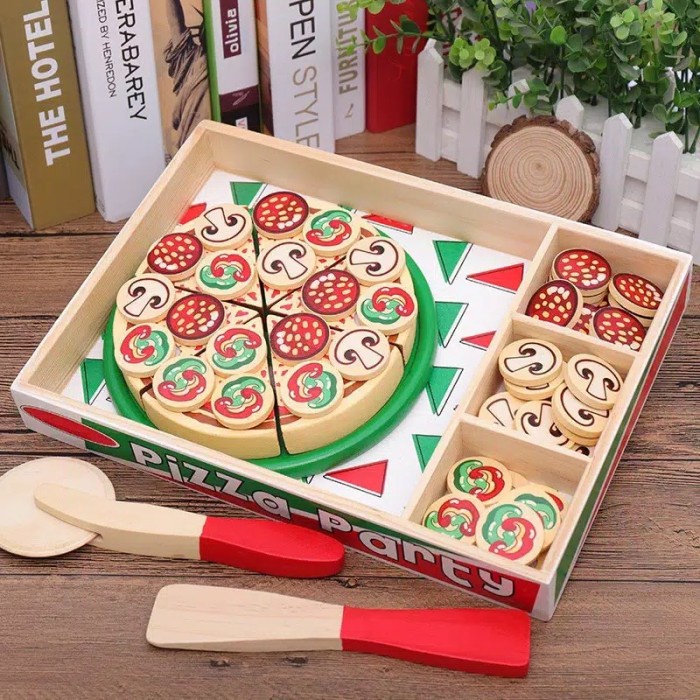 Wooden pizza toys, mainan potong pizza kayu, pizza melissa and doug