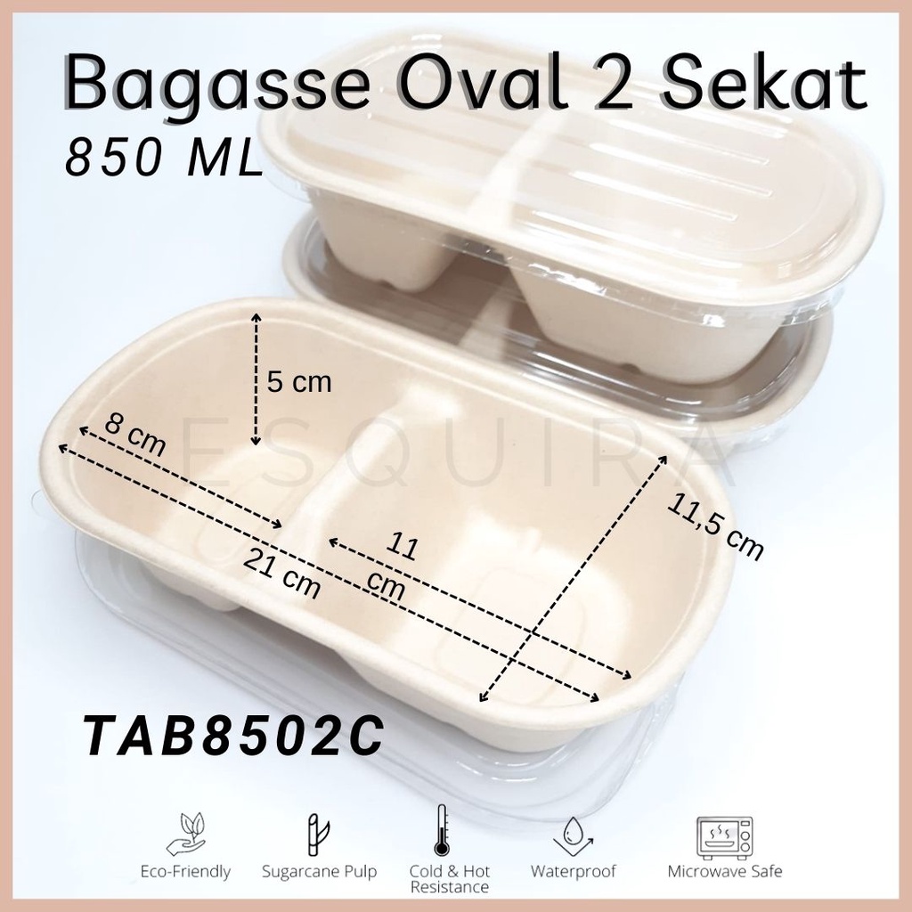 2 Compartement Oval Sugarcane Bagasse 850 ML / Lunch Box 10 Pcs + Lid / TAB8502C