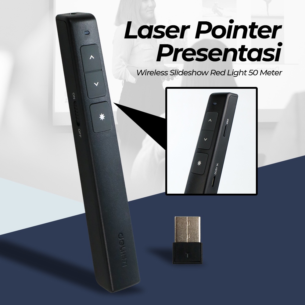 Deli Laser Pointer Presentasi Wireless Slideshow Red Light 50 Meter - 2802L - Black