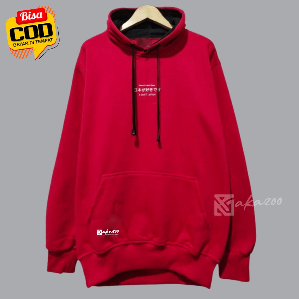 hoodie pria distro premium Sablon logo tulisan jepang Warna Merah hoodie pria distro premium sweater hoodie pria distro kachios akazoo.id