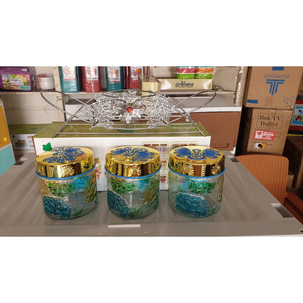 Toples Kaca/ Toples Kue Set 3/ Toples Motif Bunga Timbul