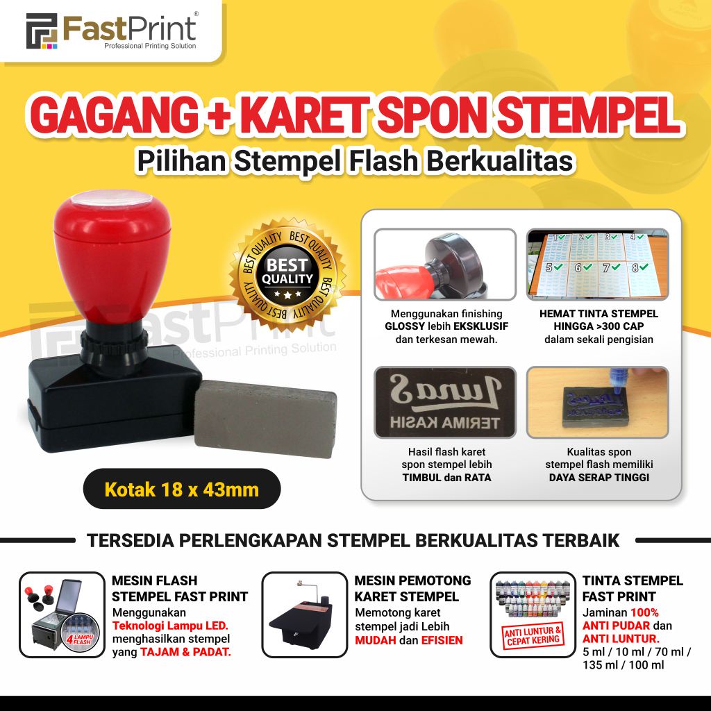 Gagang Plus Karet Spon Potongan Stempel Flash Kotak Ukuran 18X43 MM