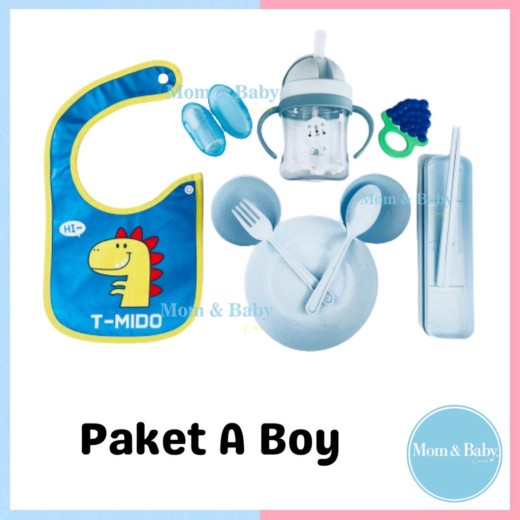 Alat MPASI Paket Hemat Mickey Perlengkapan Makan Bayi Sendok Mangkok Garpu Botol Teether Sikat Silikon