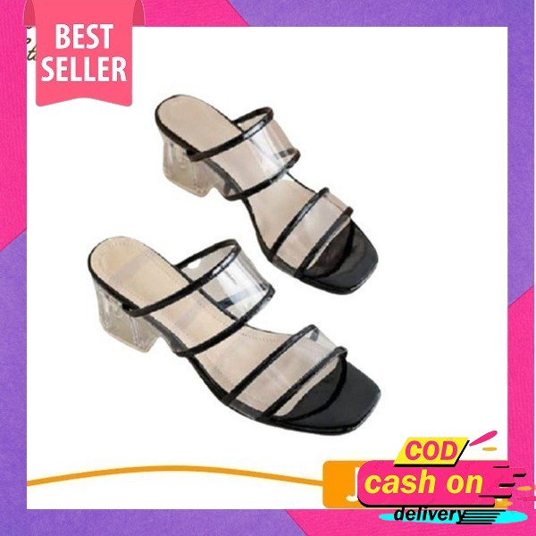 Sepatu Kaca Hak Rendah Wanita Zr Transparent Glass Diamond Vynil Slingback High Heels Premium Import