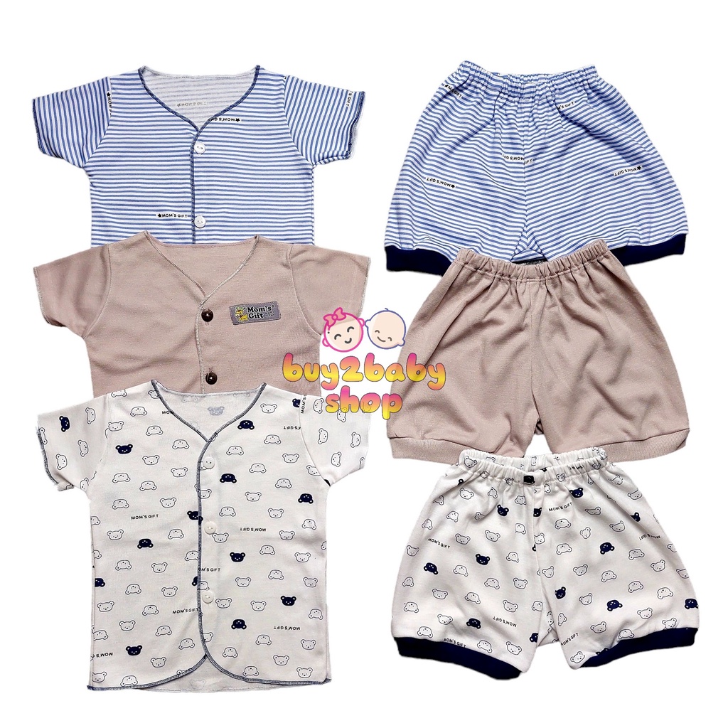 Terbaru 3 setelan baju bayi celana pendek bayi 3 motif Moms Gift bayi usia 0-3 Bulan