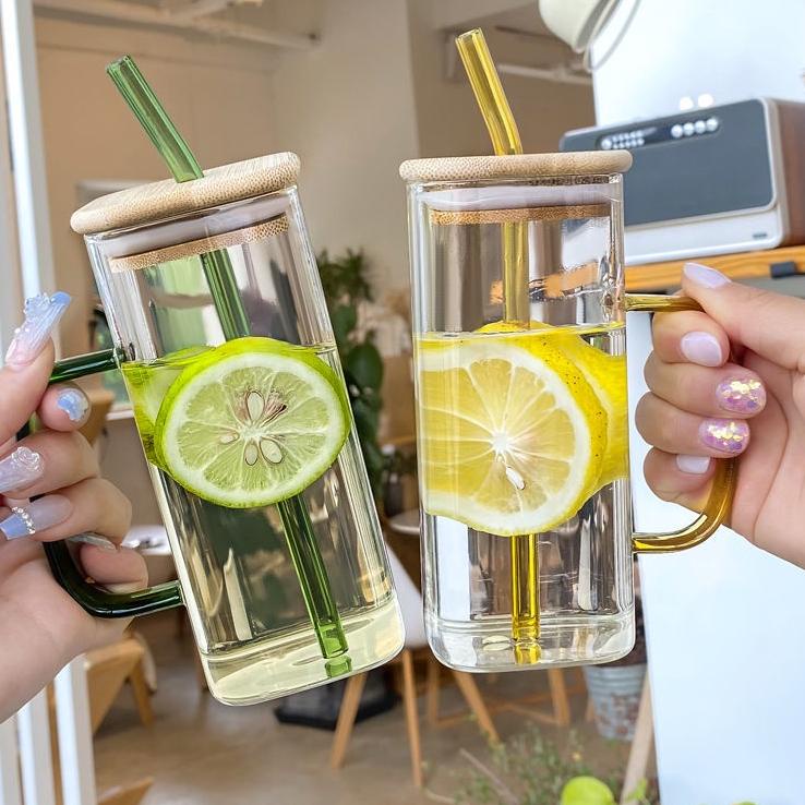 berkualitas Tutup Bambu Dan Sedotan Gelas Tumbler Aesthetic Gelas Minum Kaca Gelas susu / gelas jus 