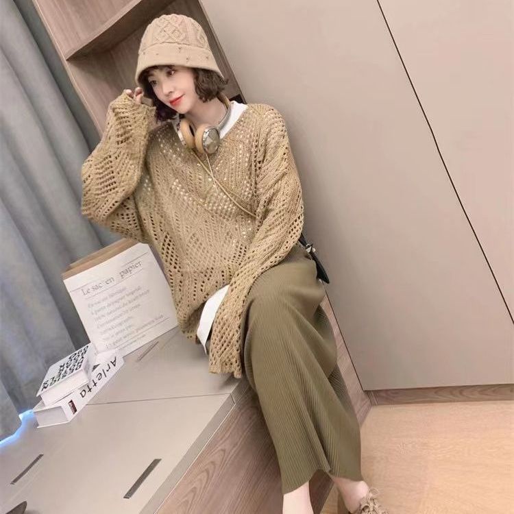 Red Hollow Rajutan Sweater Wanita Dua Potong Musim Semi dan Musim Gugur Desain Tipis Rajutan Tabir Surya Pakaian Luar Kualitas Tinggi Hollow Out sweater Wanita