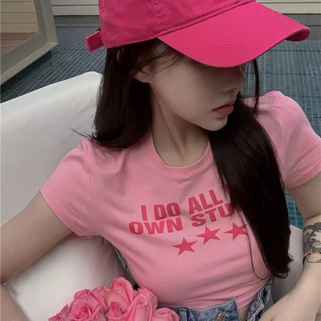Red [Kapas Murni] American Retro Lemon Kuning Musim Panas Ramping Bahu Lengan Pendek T-shirt Wanita Trendi In Bagian Pendek Ji II