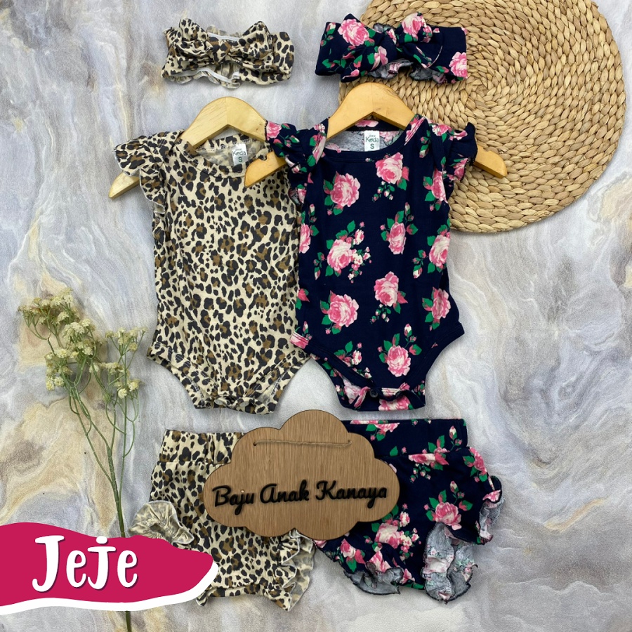 3-15 BLN SETELAN BAYI JEJE ROMPER BAYI INCLUDE HEADBAND by LITTLE KODA (3 IN 1 SET) (SNI)