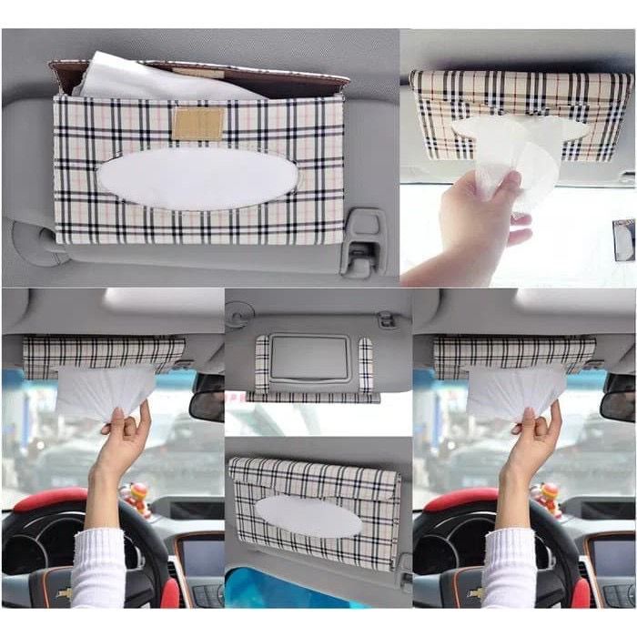 Car Tissue Box Organizer Tempat Tissue Mobil Motif Kotak Jepit Sunvisor Cream