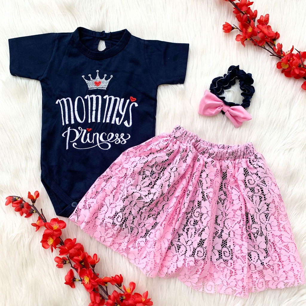 Baju setelan jumper rok brukat bandana cantik bestseller fashion anak bayi cewek perempuan murah -mom