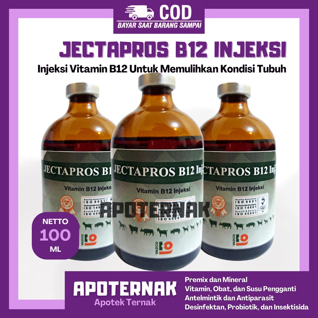 JECTAPROS B12 INJ | Vitamin B12 Hewan Ternak Sapi Kuda Kambing Babi Anjing | Seperti Jectavit B12 Sanbe | 100 mL | VADCO | Apoternak