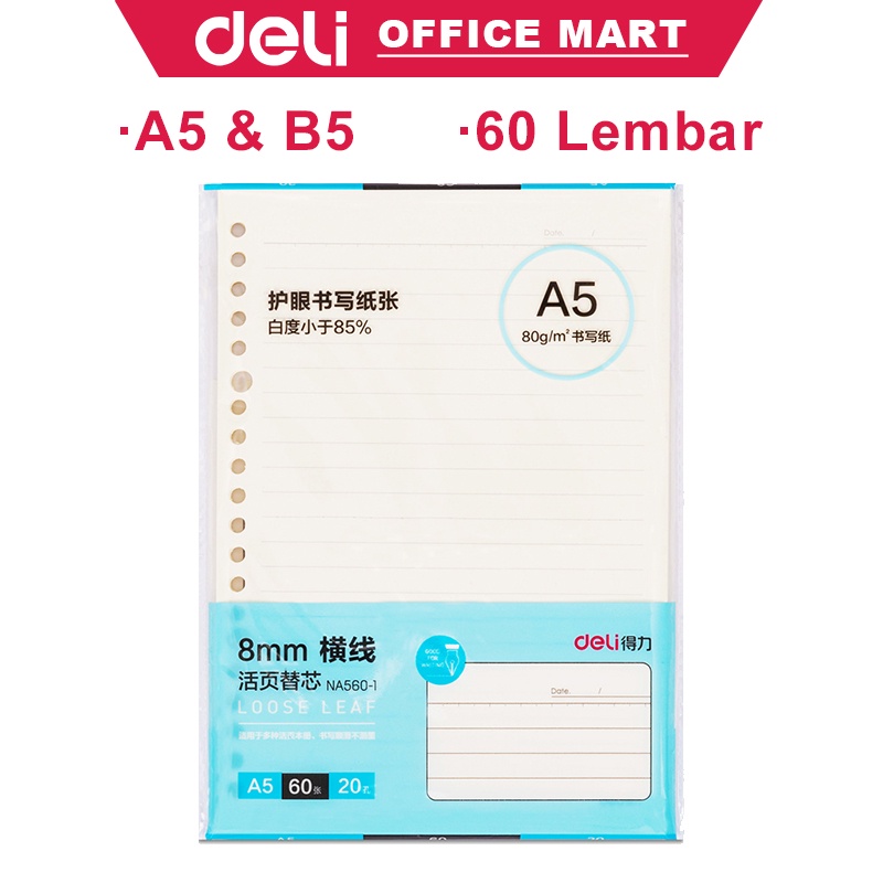 Deli Kertas Isi Ulang A5 B5 Binder isi 60 lembar 80GSM Notebook Refill
