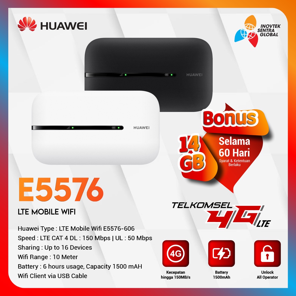 Huawei E5576 Modem Mifi Wifi 4G Free Telkomsel 14GB - GARANSI RESMI