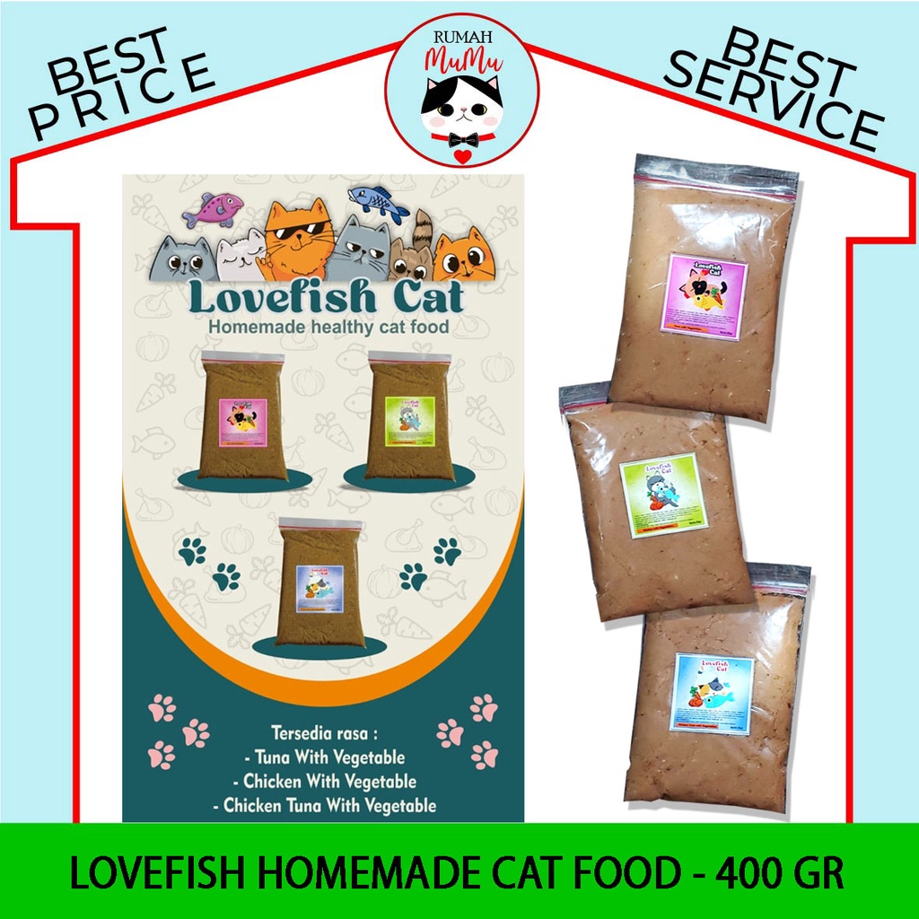MAKANAN KUCING WET FOOD LOVEFISH HOME MADE REAL MEAT 400 GR KHUSUS INSTANT SAMEDAY