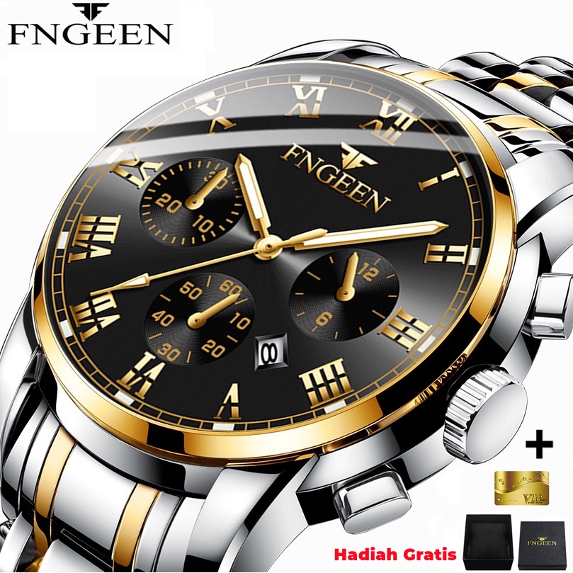 FNGEEN 4006 100% Asli Jam Tangan Pria Bisnis Mode Display Kuarsa Tali Stainless Steel Tahan Air Jam 